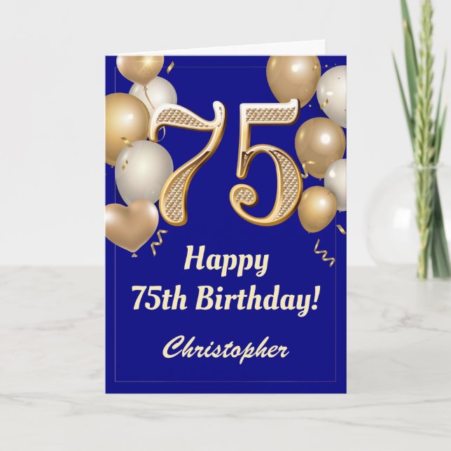 Carte 75e anniversaire Marine Bleu et Ballons d'or Confe (Devant)