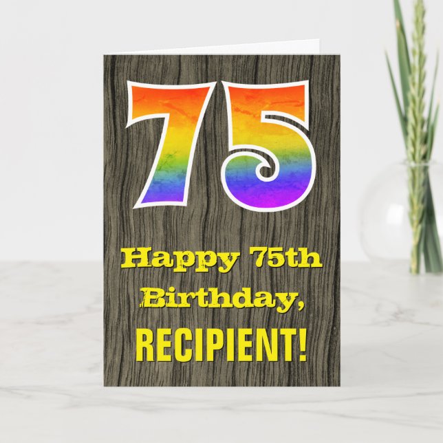 Carte 75e anniversaire : Rustic Faux Wood Look, Rainbow  (Devant)