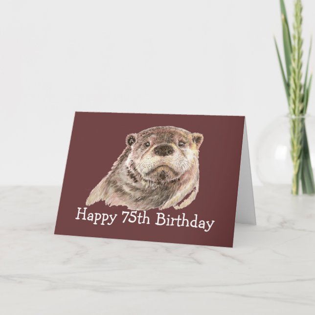 Carte 75e Humour d'anniversaire avec une loutre d'aquare (Devant)