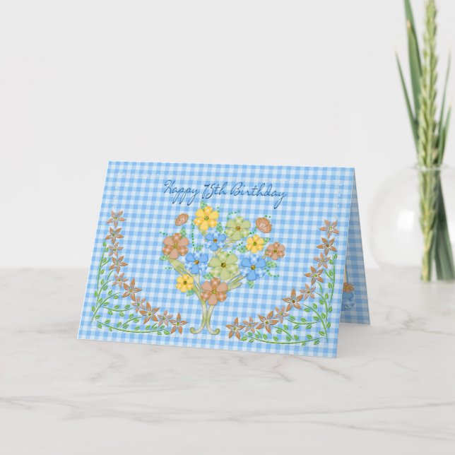 Carte 75e JOUR BLEU GINGHAM/FLOWERS (Devant)