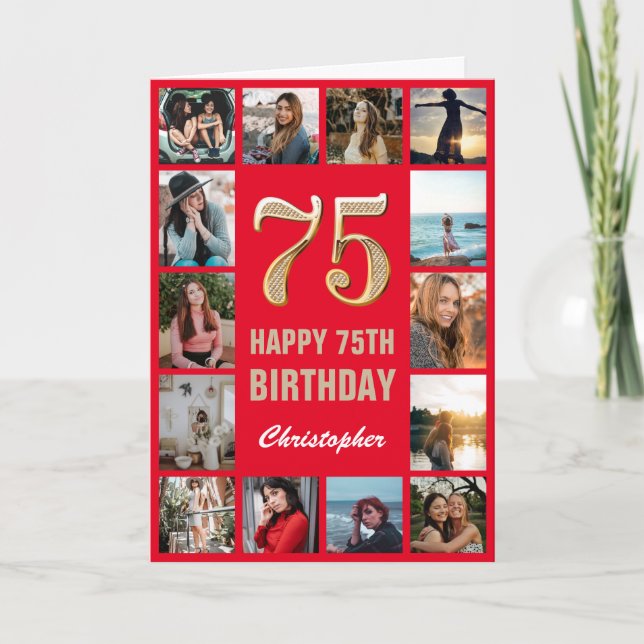 Carte 75e Joyeux Anniversaire Collage photo rouge et or (Devant)