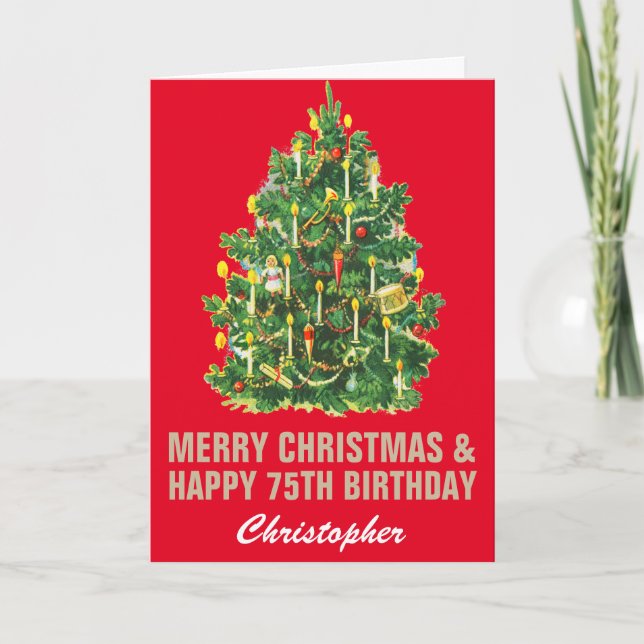 Carte 75e Joyeux Anniversaire et Joyeux Noël Rouge & Or (Devant)