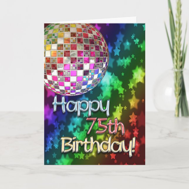 Carte 75ème anniversaire avec boule disco et arc-en-ciel (Devant)