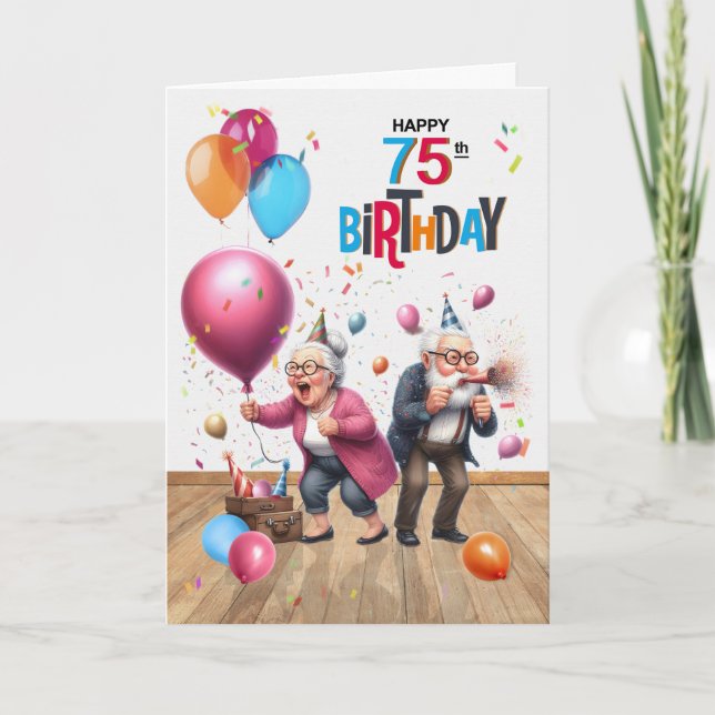 Carte 75th Birthday Funny Old Man and Woman Balloons (Devant)