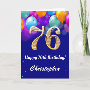 Carte 76e anniversaire Ballons bleu et or couleur marine