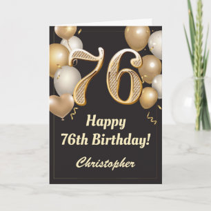 Carte 76e anniversaire Ballons Noir et Or Confetti