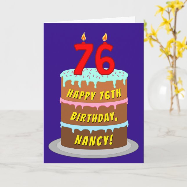Carte 76e anniversaire : Fun Cake and Candles + Nom pers (Fleur jaune)