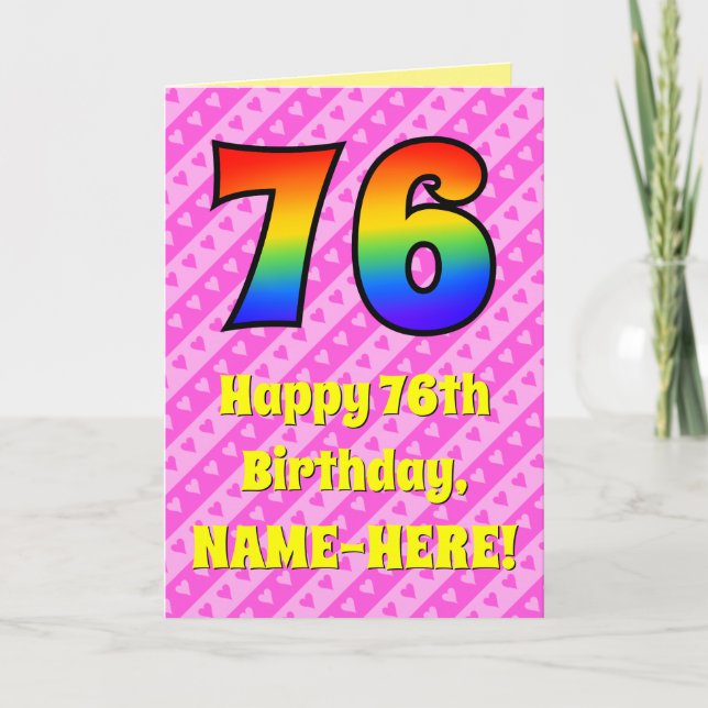 Carte 76e anniversaire : Pink Stripes & Hearts, Arc en c (Devant)