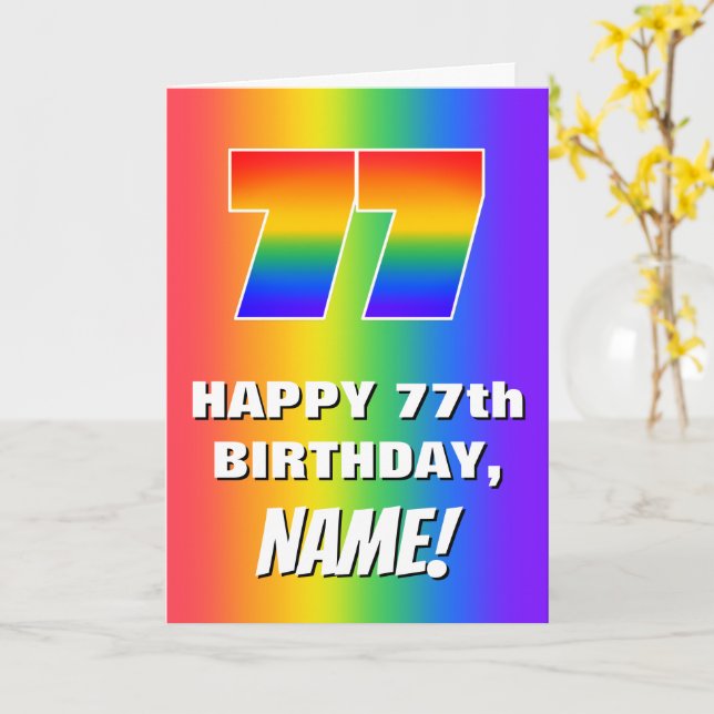 Carte 77e anniversaire : coloré, amusant Motif arc-en-ci (Fleur jaune)