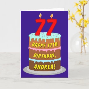 Carte 77e anniversaire : Fun Cake and Candles + Nom pers