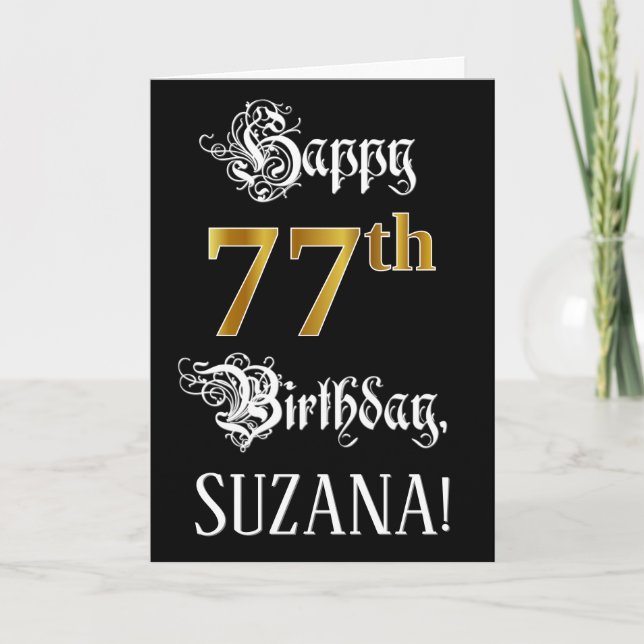 Carte 77e anniversaire — Script fantaisie; look or Faux; (Devant)
