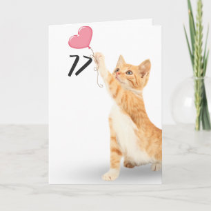 Carte 77e anniversaire tabby chat avec ballon cardiaque