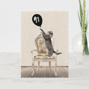 Carte 77e anniversaire Tabby Chat sur chaise