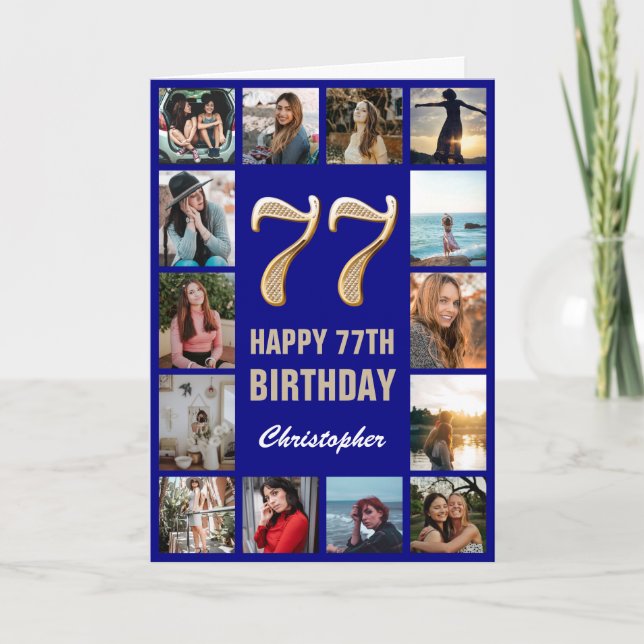 Carte 77e Joyeux Anniversaire Marine Bleu & Gold Photo C (Devant)