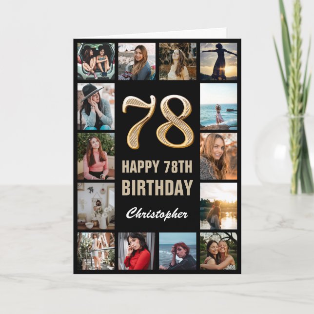 Carte 78e Joyeux anniversaire noir et or Collage photo (Devant)