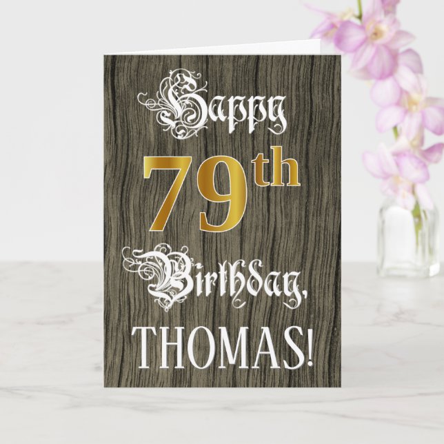 Carte 79e anniversaire : Faux Gold Look + Faux Wood Moti (Orchidée)