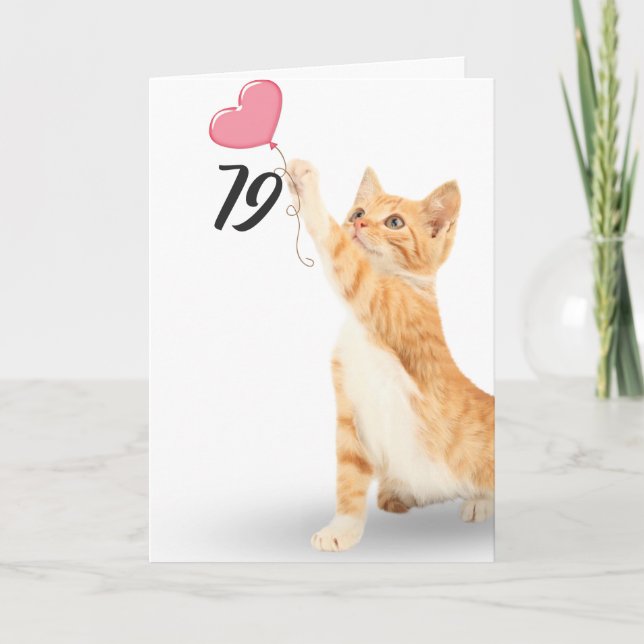 Carte 79e anniversaire tabby chat avec ballon cardiaque (Devant)