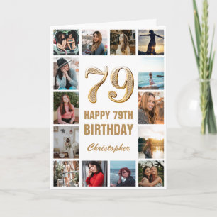 Carte 79e Joyeux Anniversaire Collage photo d'or et blan