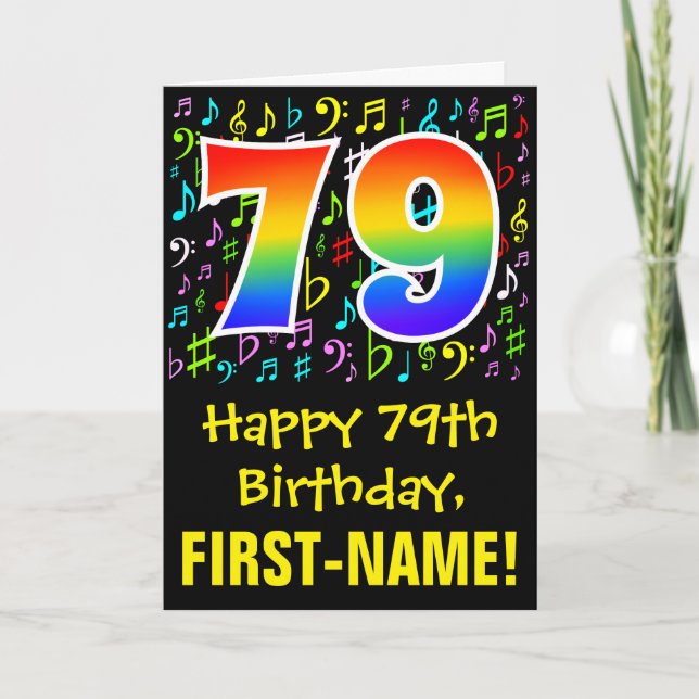Carte 79th Birthday: Colorful Music Symbols + Rainbow 79 (Devant)