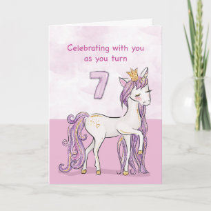 Carte 7 Anniversaire Cheval Rose avec Couronne