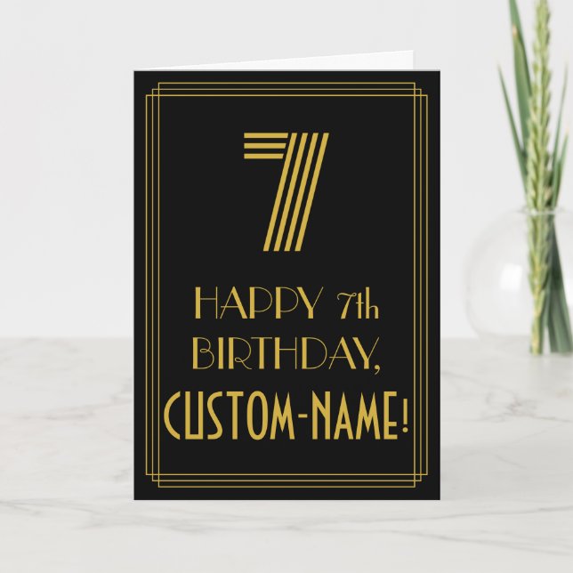 Carte 7e anniversaire : Art Déco Inspiré Look "7" & Nom (Devant)