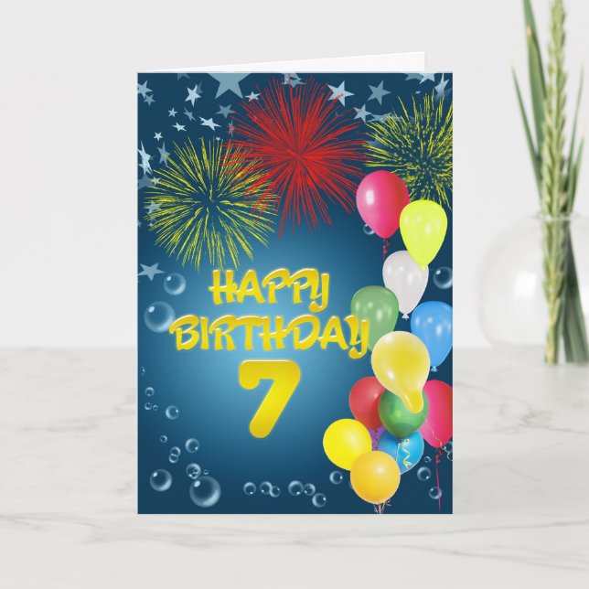 Carte 7e anniversaire avec feux d'artifice et ball (Devant)