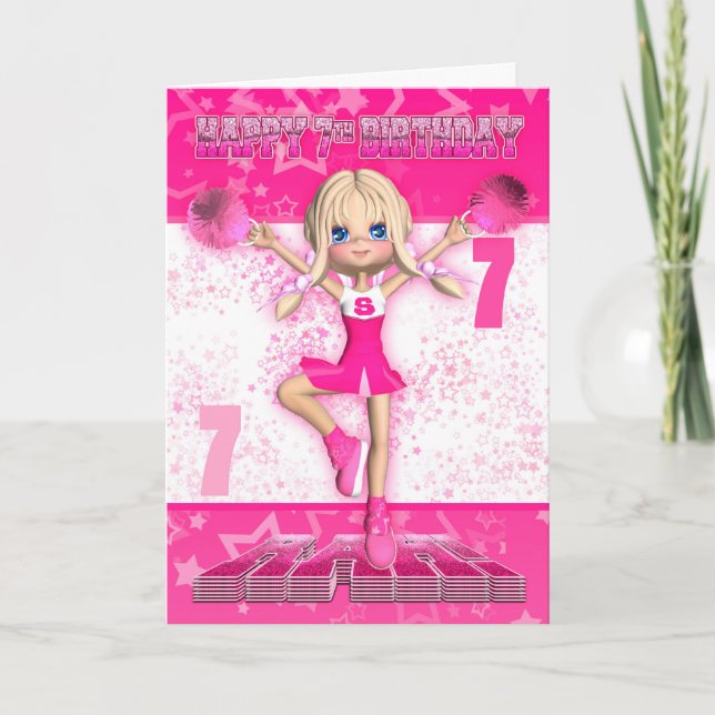 Carte 7e anniversaire de la danse Pom-pom girl, Stars en (Devant)