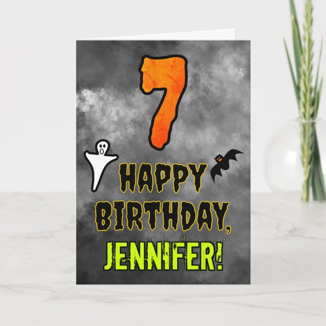 Carte 7e anniversaire : Eerie Halloween Thème + Nom pers (Devant)
