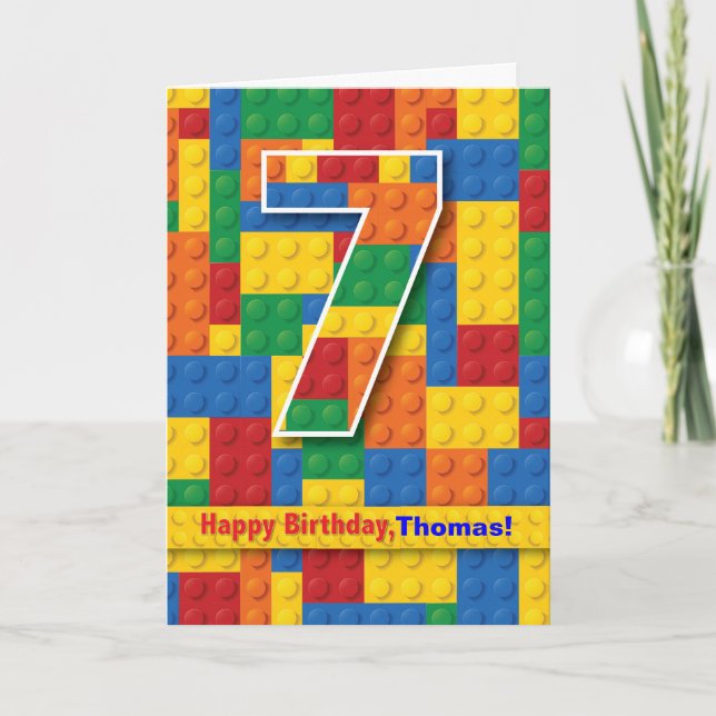 Carte 7e anniversaire garçon, blocs empilés, personnalis (Devant)