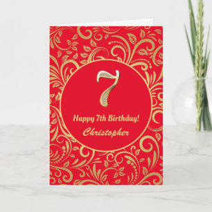 Carte 7e anniversaire Motif Floral rouge et or