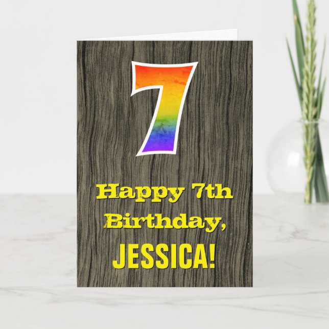 Carte 7e anniversaire : Rustic Faux Wood Look, Rainbow " (Devant)