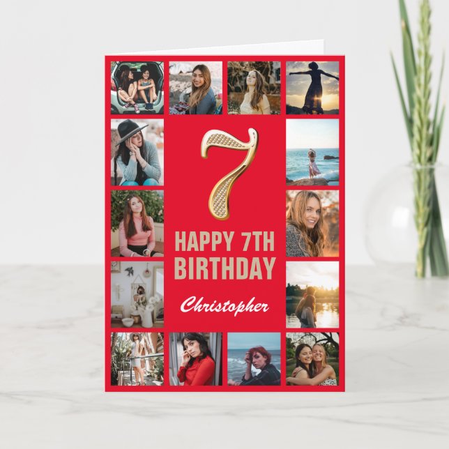 Carte 7e Joyeux anniversaire Collage photo rouge et or (Devant)