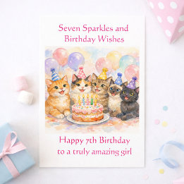 Carte 7th Birthday Card for Girls Festive Cat Party 