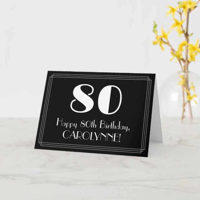 Carte 80e anniversaire ~ Art Déco Inspiré Look "80", Nom (Fleur jaune)