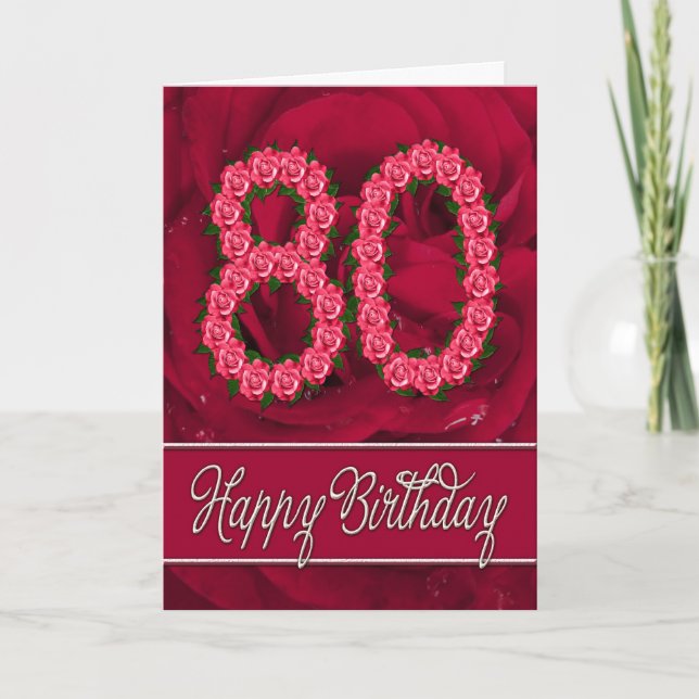 Carte 80e anniversaire avec rose et feuille (Devant)