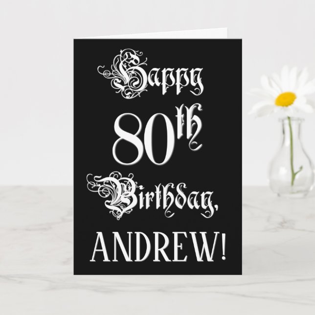 Carte 80e anniversaire : fantaisie, élégant script + Nom (Petite plante)