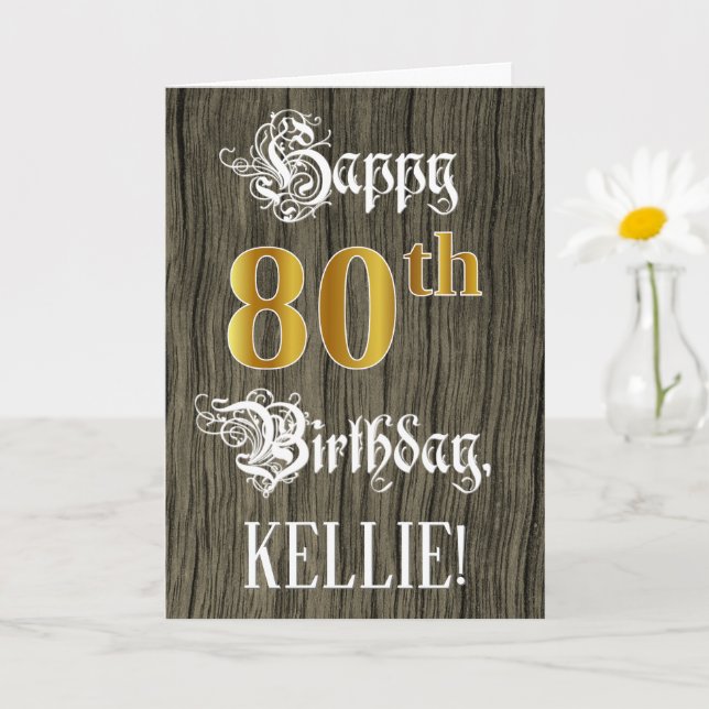 Carte 80e anniversaire : Faux Gold Look + Faux Wood Moti (Petite plante)