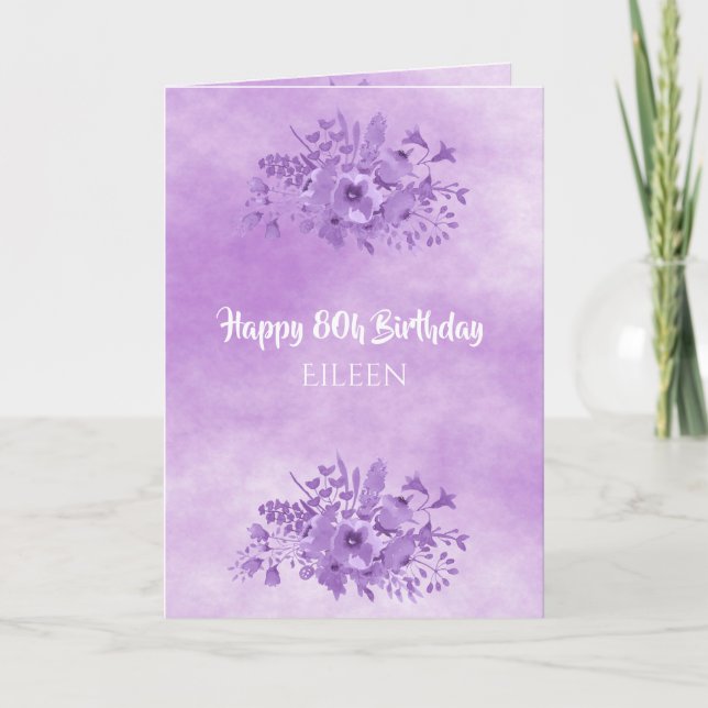 Carte 80e anniversaire fleurs ultra violettes aquarelles (Devant)