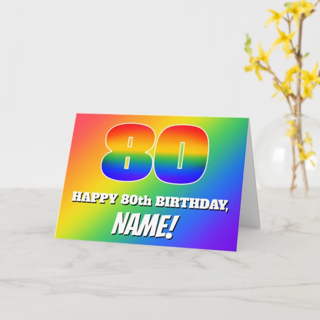 Carte 80e anniversaire : Motif Rainbow multicolore # 80 (Fleur jaune)