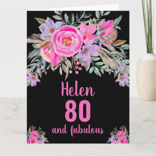 Carte 80e anniversaire noir rose aquarelle floral