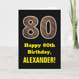 Carte 80e anniversaire : Nom, Motif Faux Wood Grain "80"