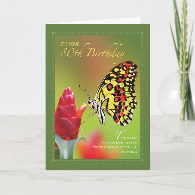 Carte 80e anniversaire papillon sur Fleur rouge (Devant)