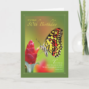 Carte 80e anniversaire papillon sur Fleur rouge