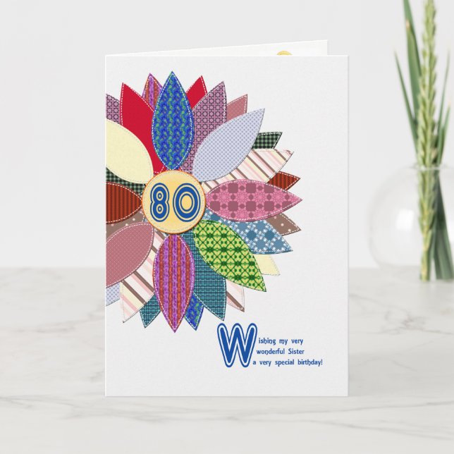 Carte 80e anniversaire pour soeur, fleur cousue (Devant)