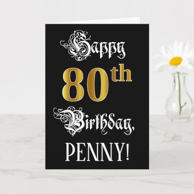 Carte 80e anniversaire — Script fantaisie; look or Faux; (Petite plante)