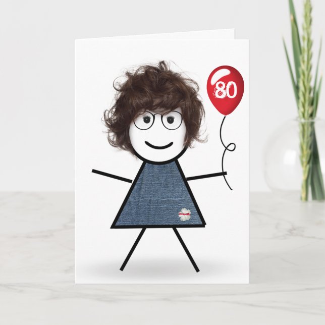 Carte 80e Anniversaire Stick Girl avec Ballons Rouge (Devant)
