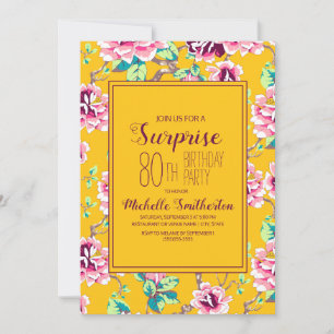 Carte 80e fête d'anniversaire surprise Fleurs roses jaun