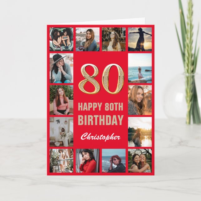 Carte 80e Joyeux Anniversaire Collage photo rouge et or (Devant)