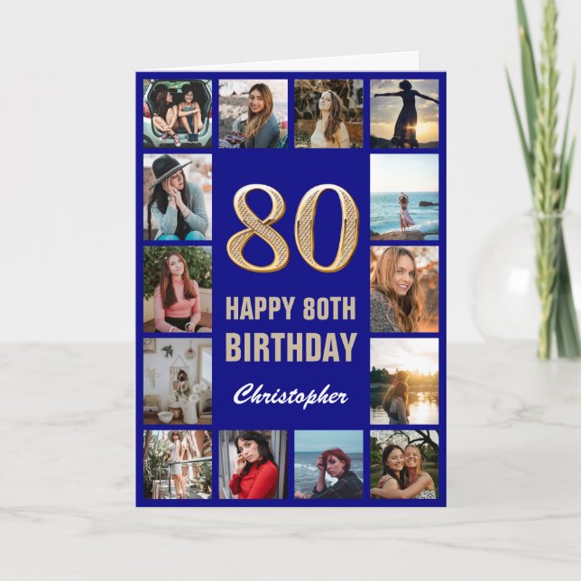 Carte 80e Joyeux Anniversaire Marine Bleu & Gold Photo C (Devant)