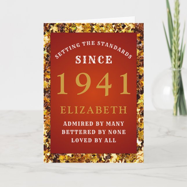 Carte 80th Birthday Born 1941 Red Gold Ajouter votre nom (Devant)